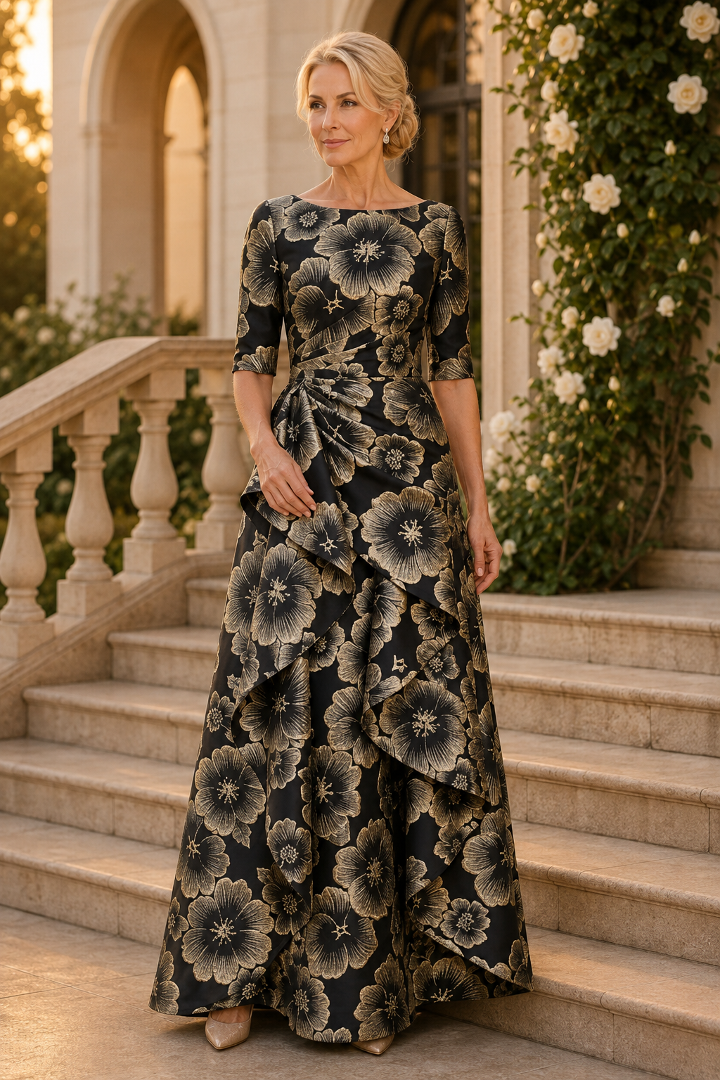 Geblümtes A-Linien-Kleid aus Jacquard mit Kaskadenrüsche