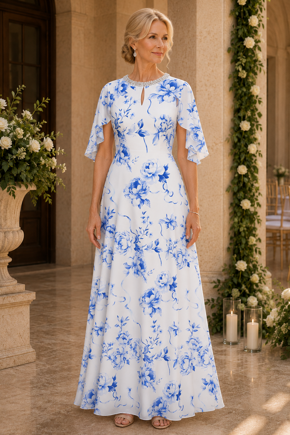 Florales A-Linien-Kleid mit Flügelärmeln und Perlenhals