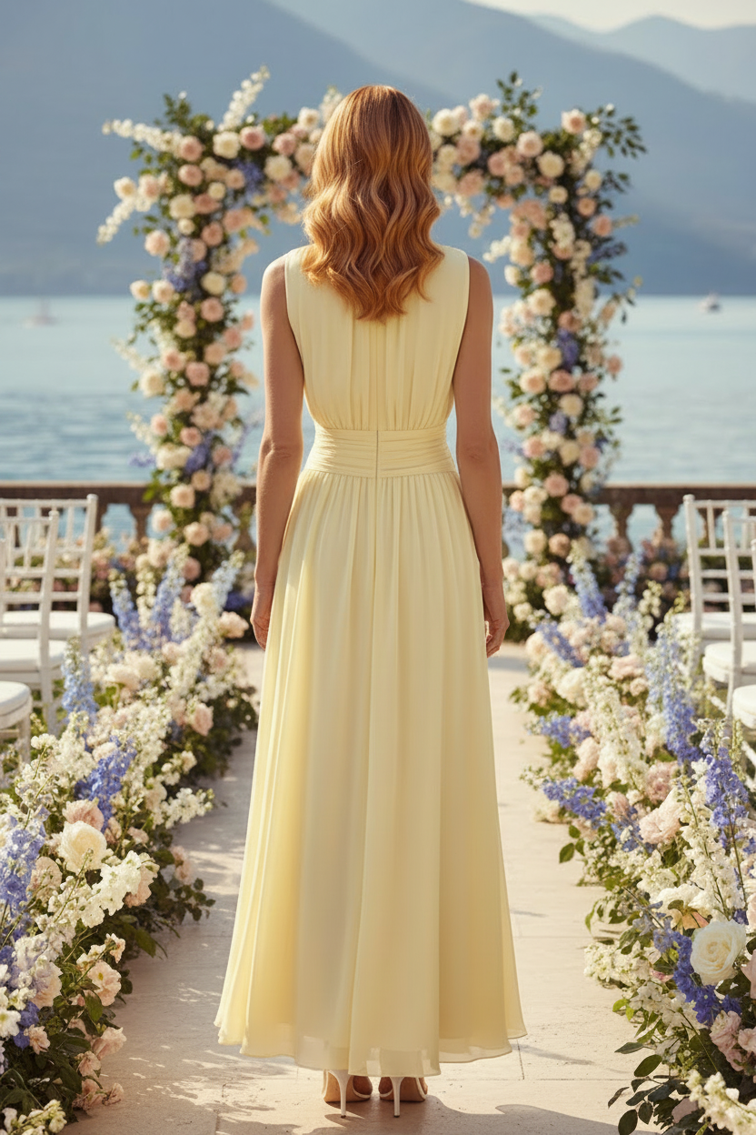 Ärmelloses Faltenkleid aus Chiffon in A-Linie