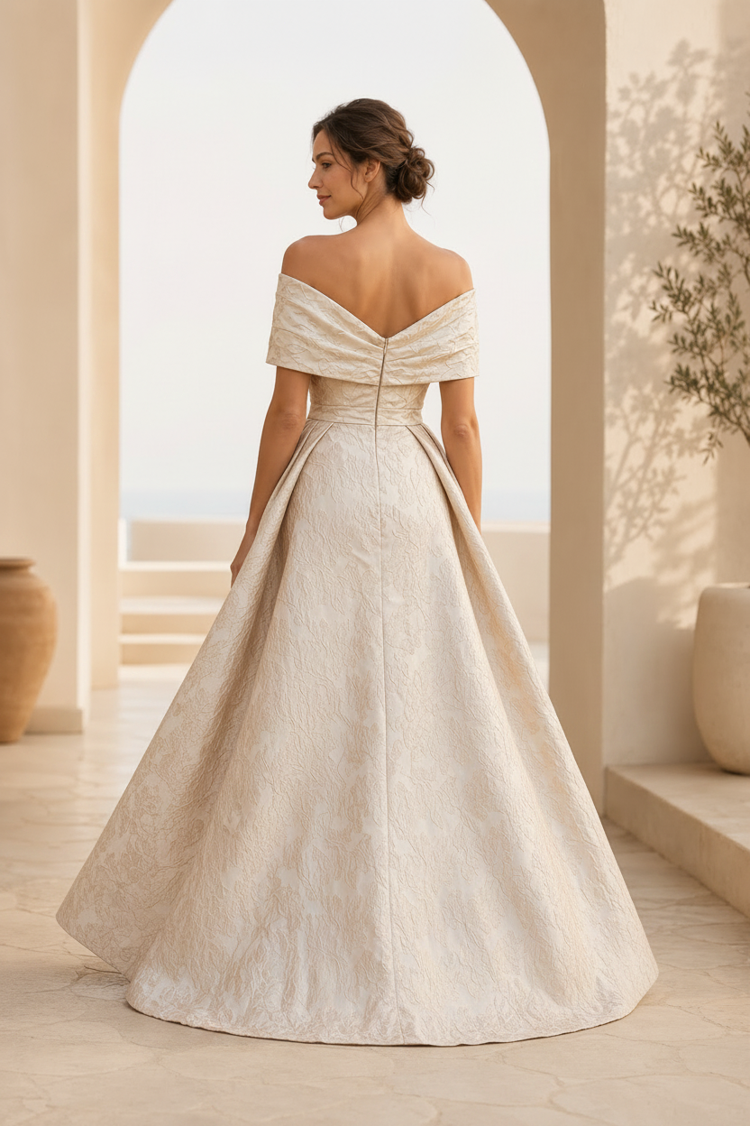 Off-Shoulder Jacquard A-Linien-Kleid mit plissiertem Oberteil