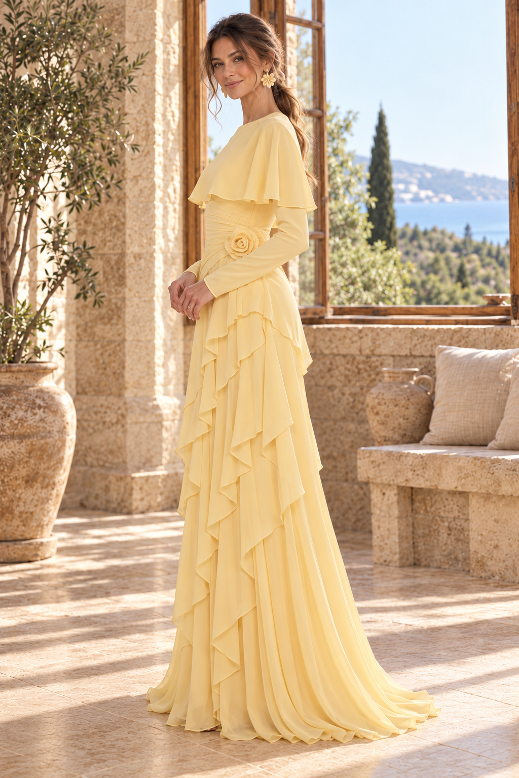 Tiered Long Sleeve Capelet Gown with Floral Accent