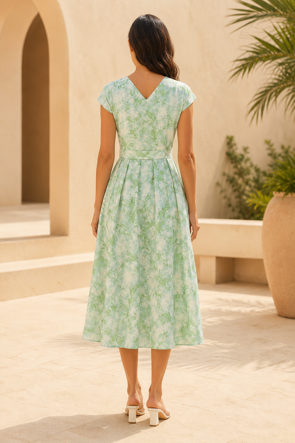 Midi-A-Linien-Kleid mit V-Ausschnitt, Flügelärmeln und Gürtel