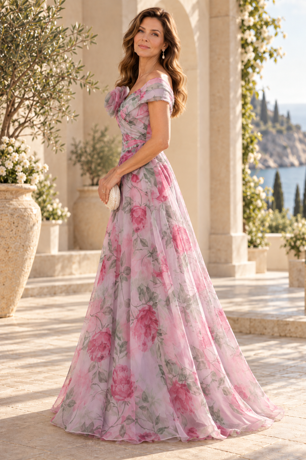Floral Off-the-Shoulder A-Line Gown with Rosette