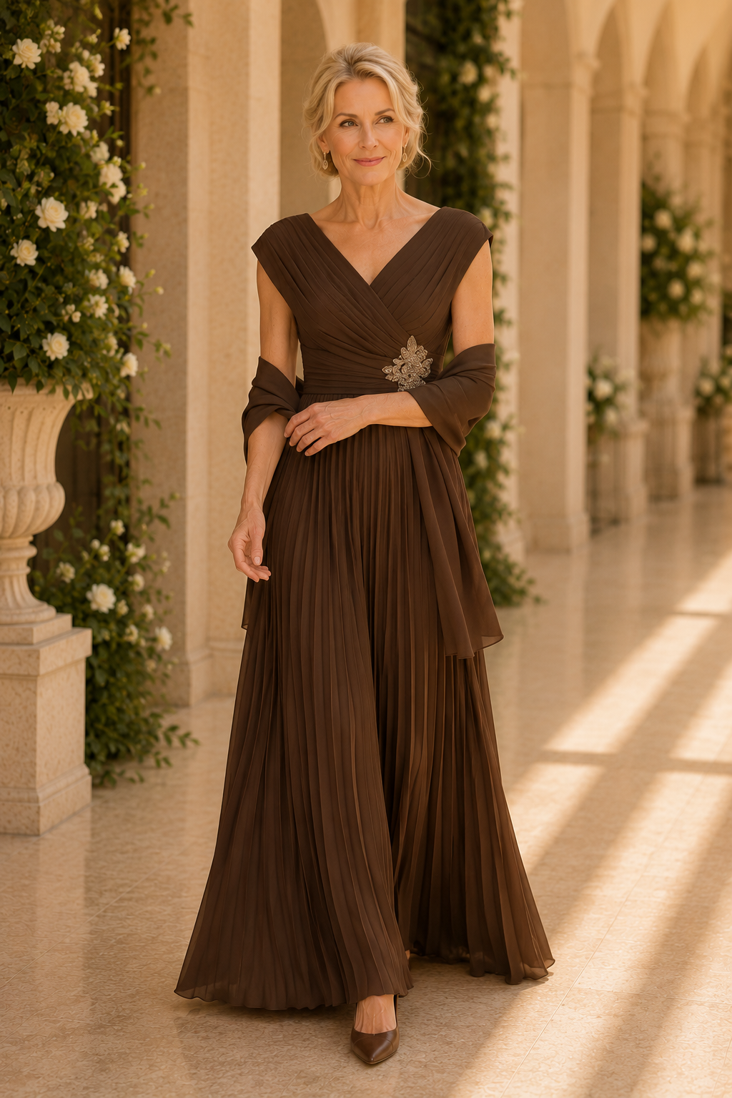 Plissiertes V-Ausschnitt Maxi-Kleid mit passendem Schal
