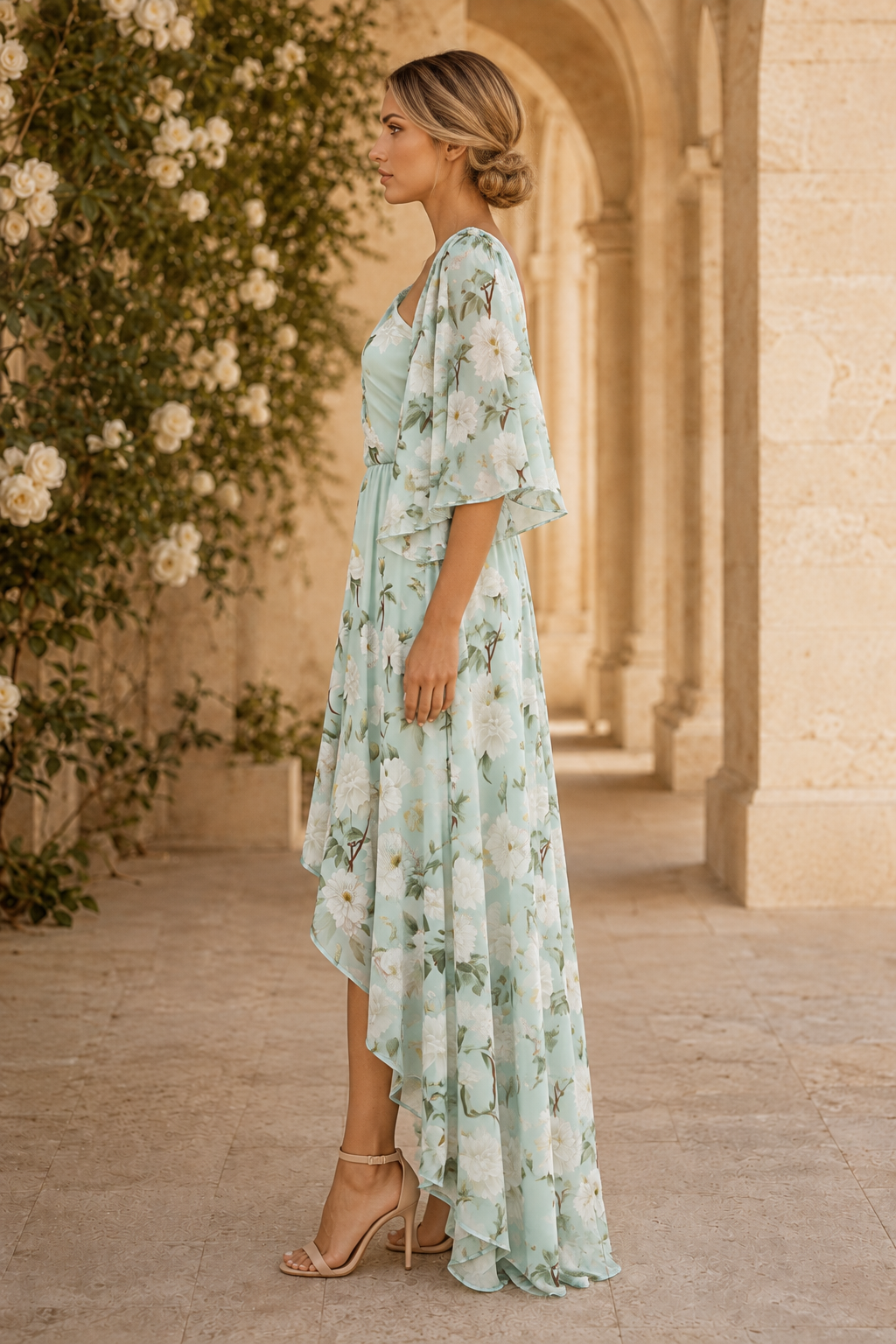 Geblümtes One-Shoulder High-Low Maxikleid