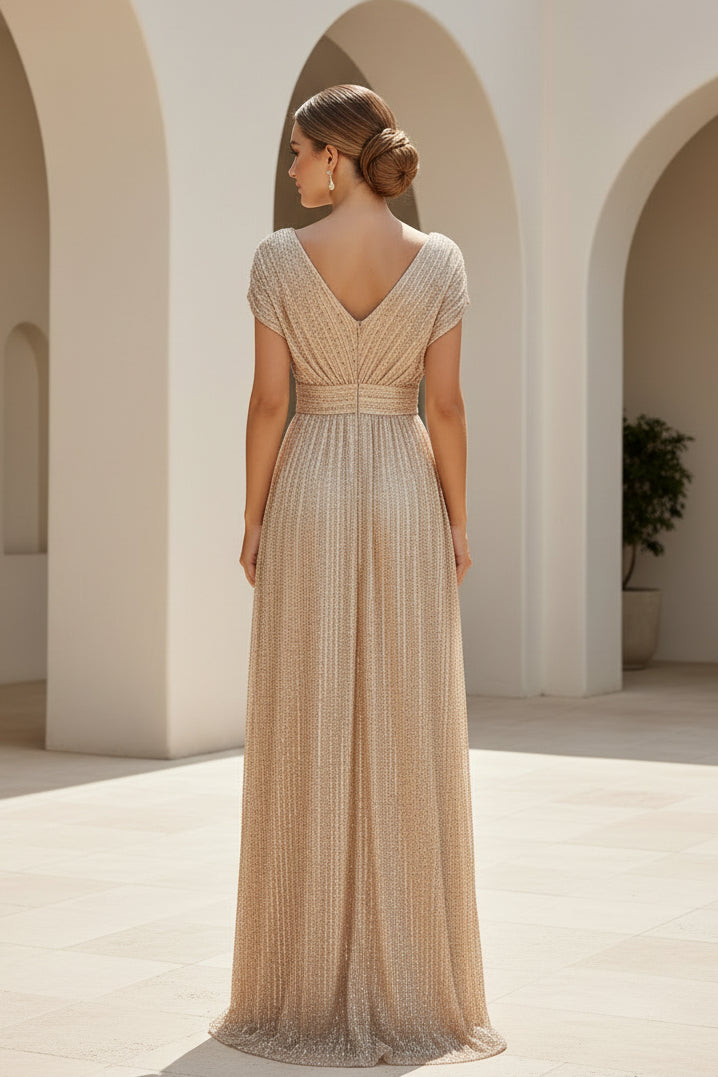Pailletten-Abendkleid mit V-Ausschnitt, Flügelärmeln und A-Linie
