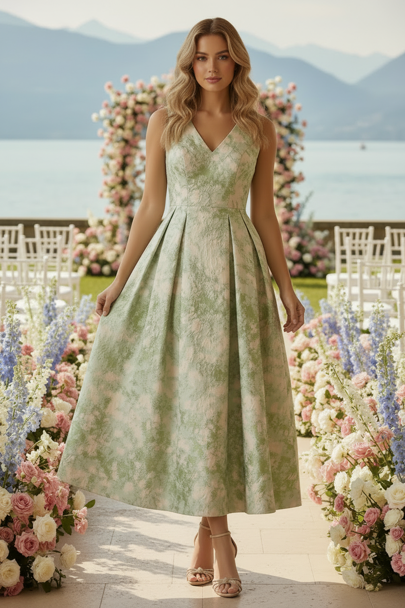 Blumen-Jacquard-Midikleid mit V-Ausschnitt