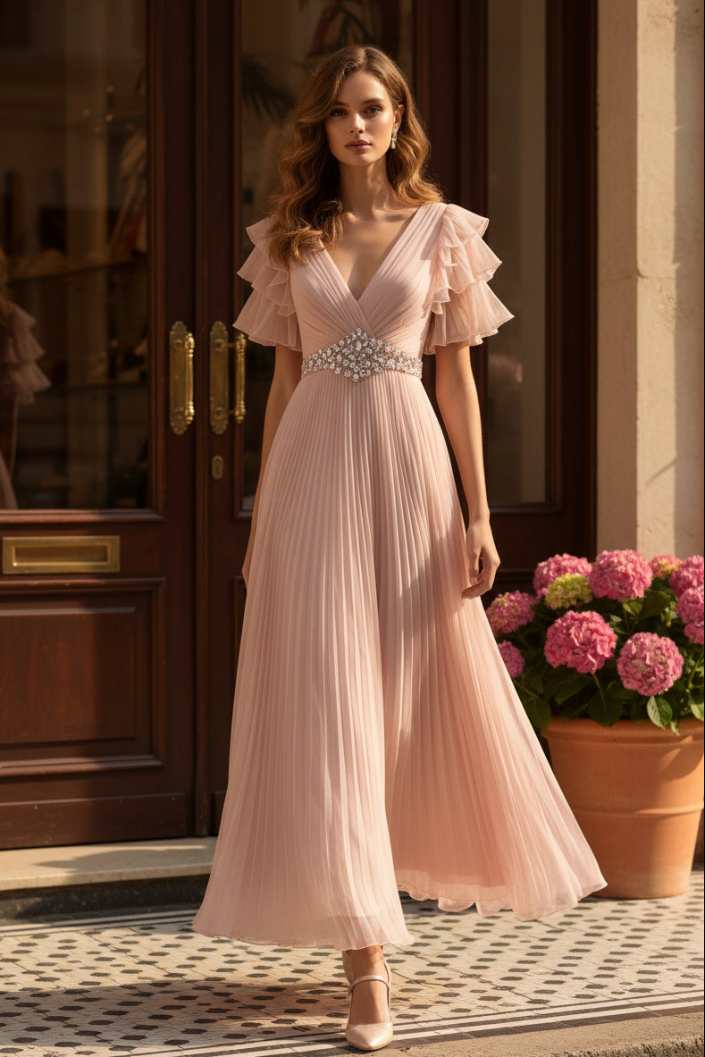 Formelles A-Linien-Kleid mit Rüschenärmeln und Falten