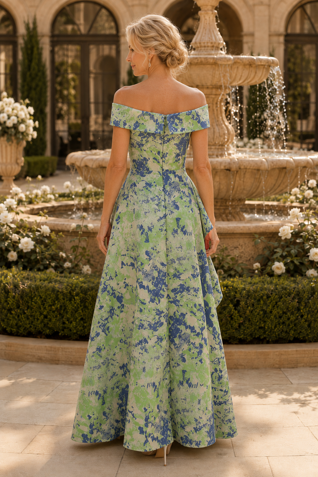 Carmen-Ausschnitt, plissiertes, gestuftes A-Linien-Kleid