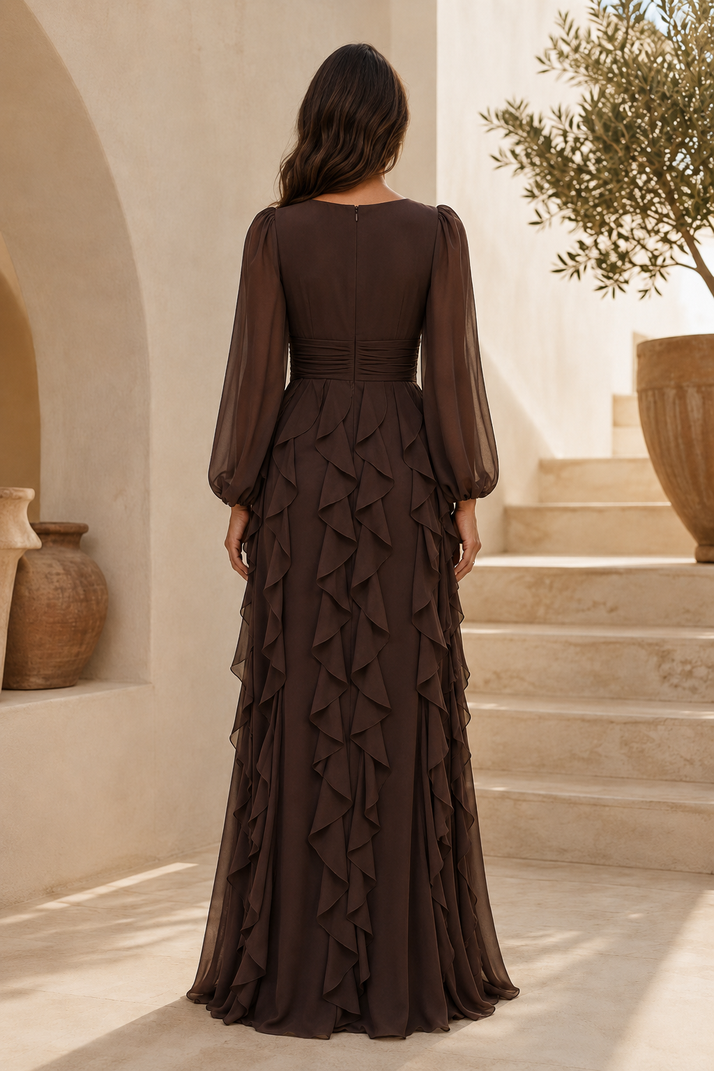 Maxikleid mit langen Ärmeln und gestuften Rüschen