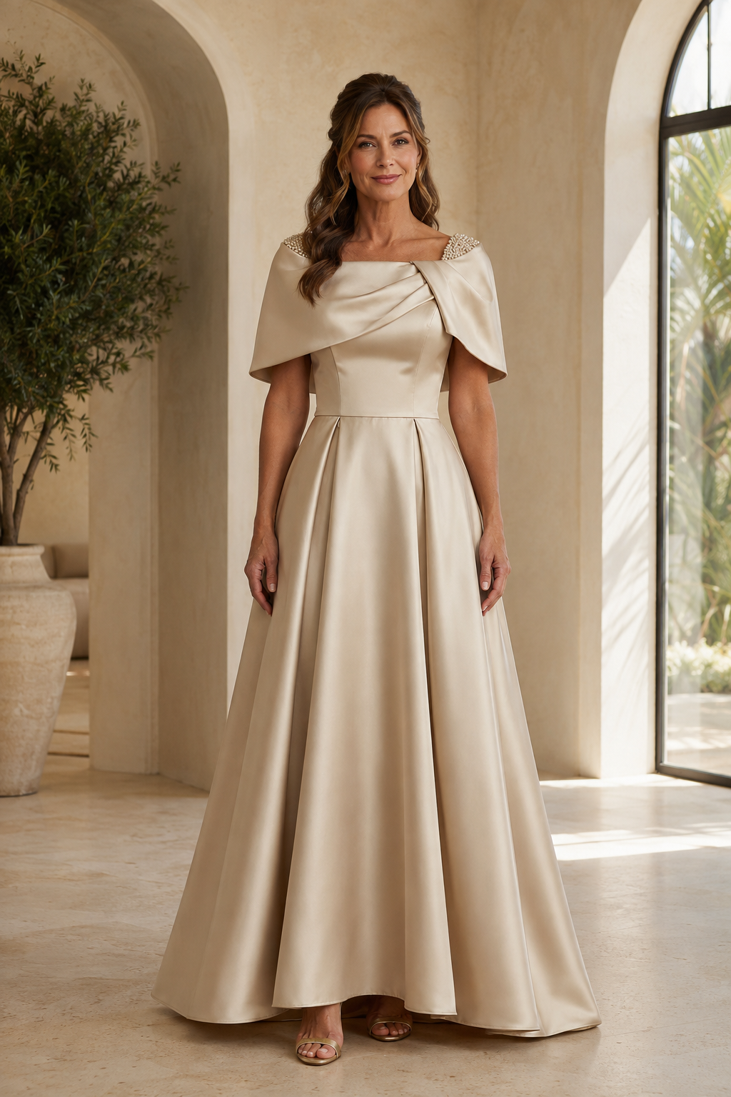 Satin-A-Linien-Kleid mit perlenbesetztem Capelet