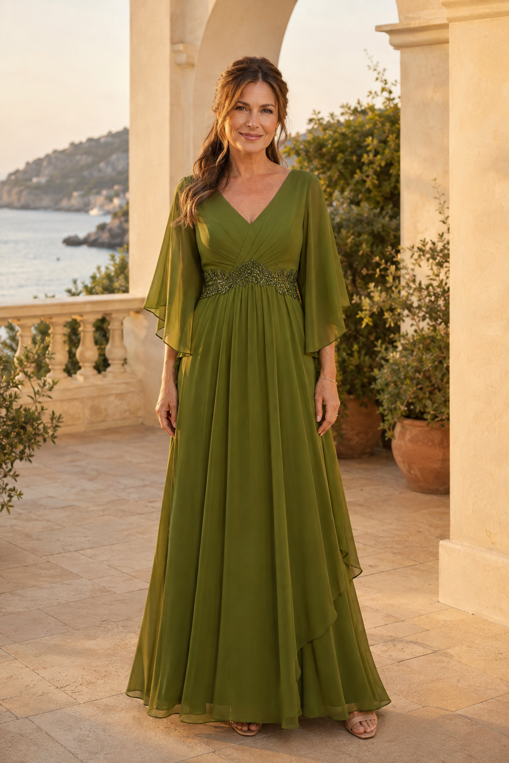 A-Linien-Kleid mit V-Ausschnitt, Volantärmeln und Perlen an der Taille
