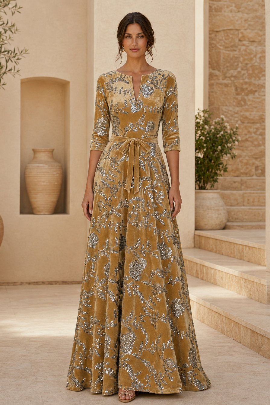 Blumiges Pailletten-Samt-Abendkleid in A-Linie