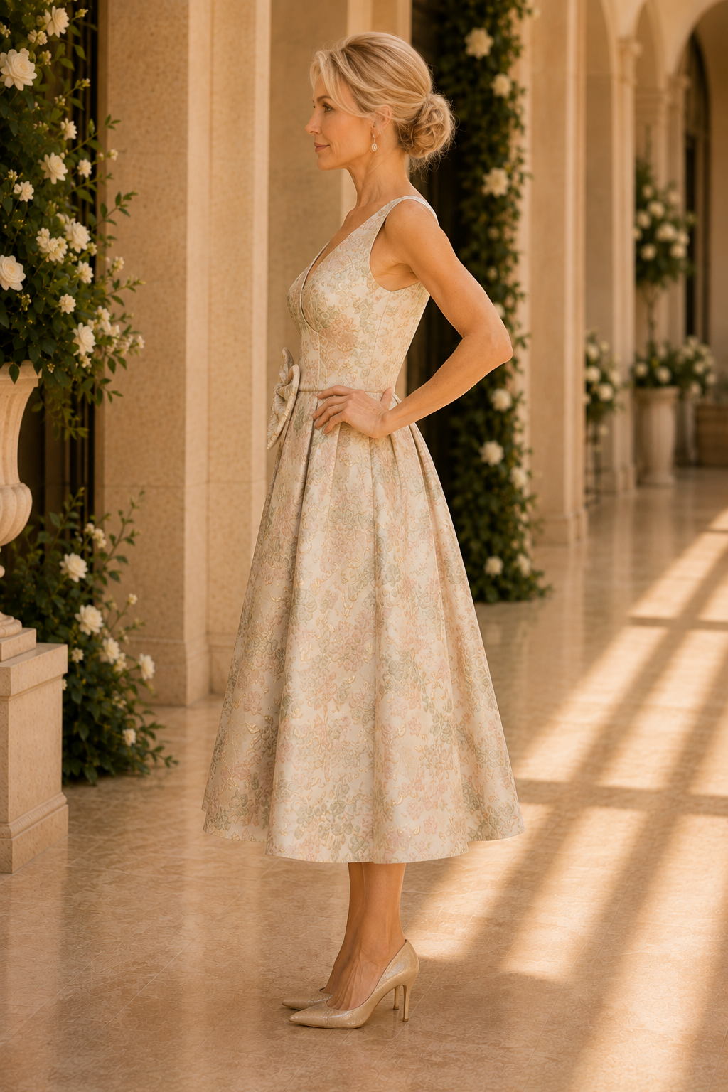 Geblümtes Jacquard-Kleid mit V-Ausschnitt und Schleife, knielang