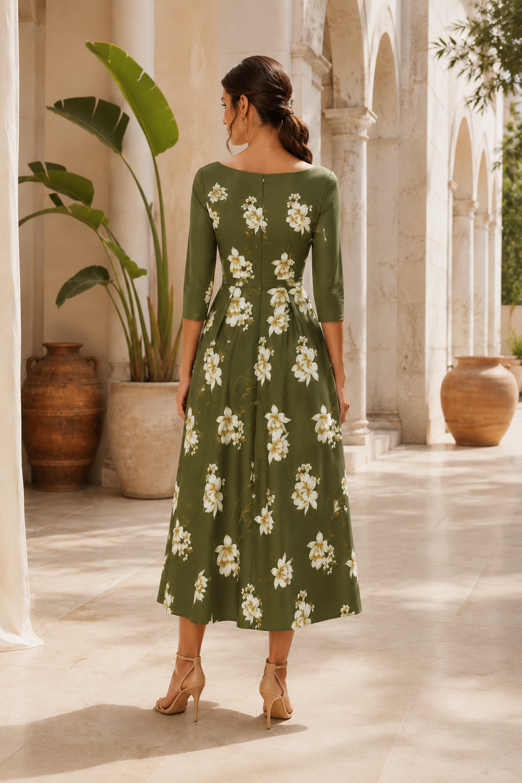Blumen-Midi-Kleid mit U-Boot-Ausschnitt und A-Linie