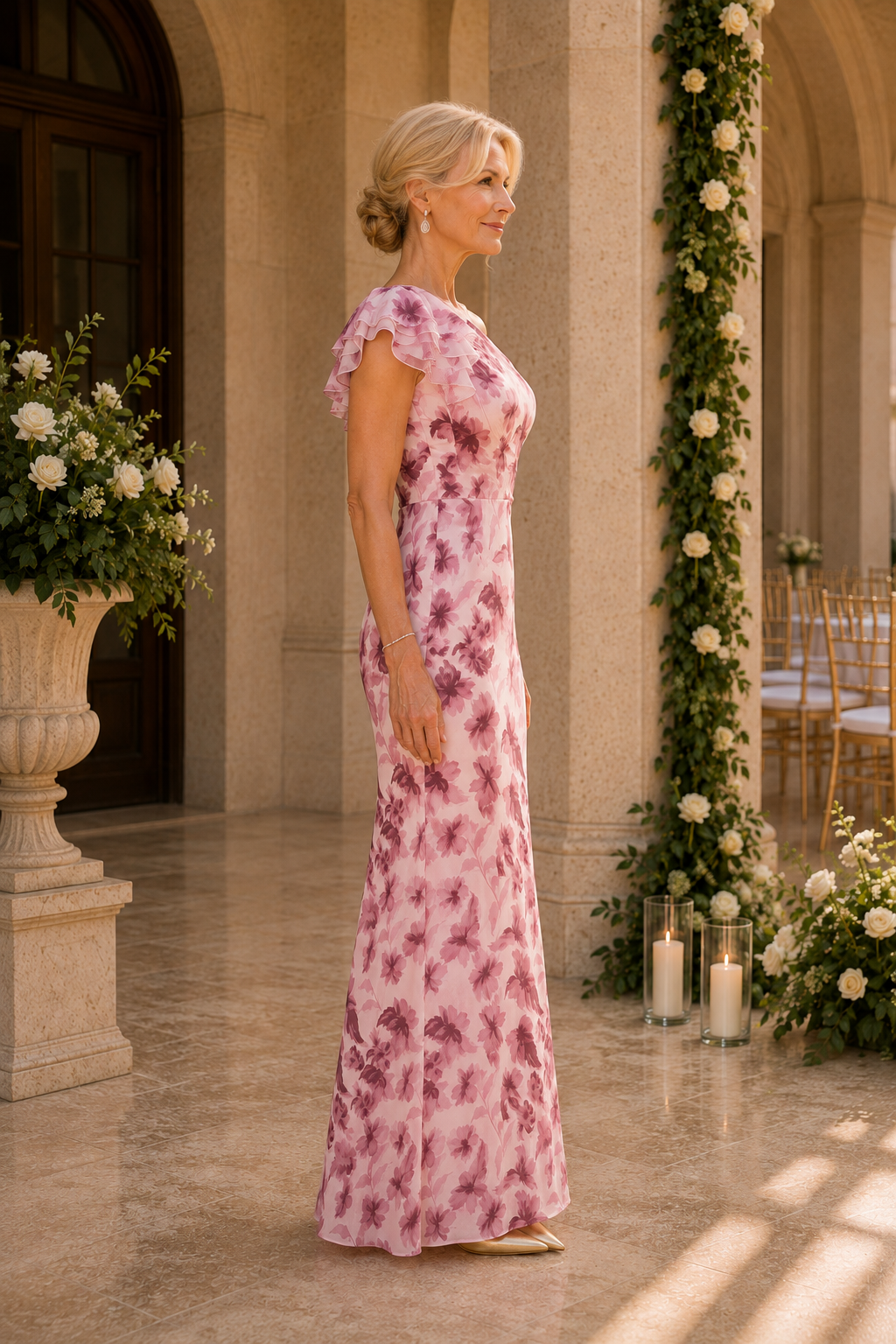 Geblümtes, schulterfreies Rüschen-Maxikleid