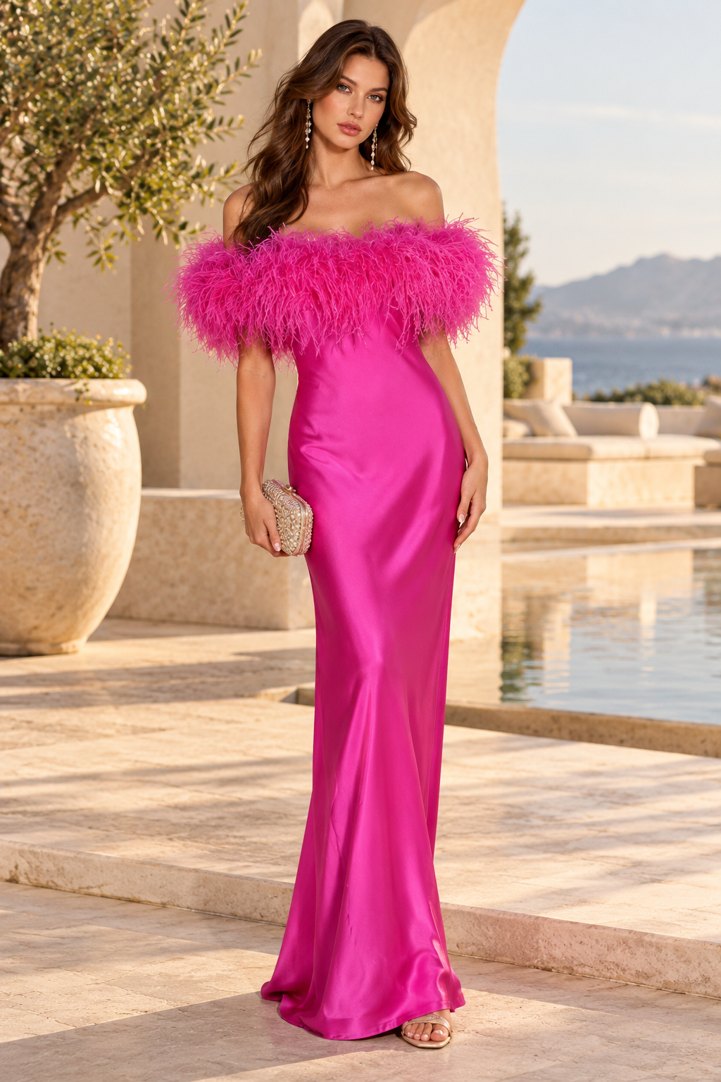Feather Trim Off-the-Shoulder Satin Gown