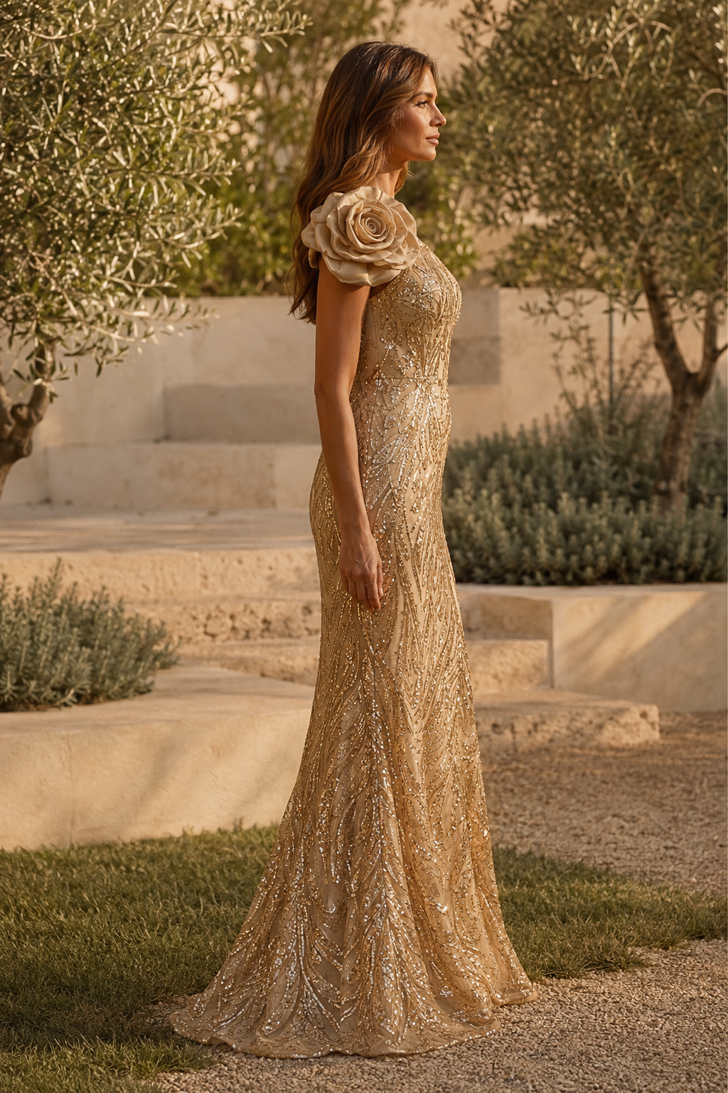 Ein-Schulter-Abendkleid im Meerjungfrauen-Stil mit Blumenmuster und Pailletten