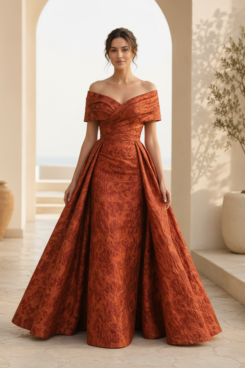 Off-Shoulder Jacquard A-Linien-Kleid mit plissiertem Oberteil