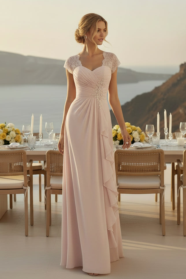 A-Linien Chiffon-Abendkleid mit Spitzen-Flügelärmeln