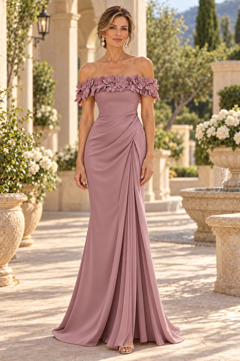 Floral Off-Shoulder Draped Gown with Slit