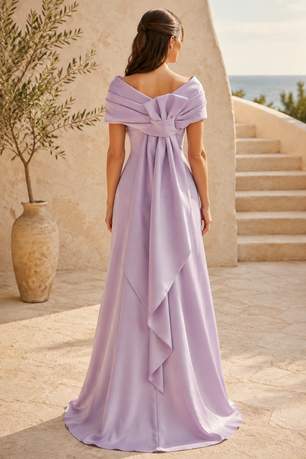 Schulterfreies Satin-Kleid mit Schleife am Rücken