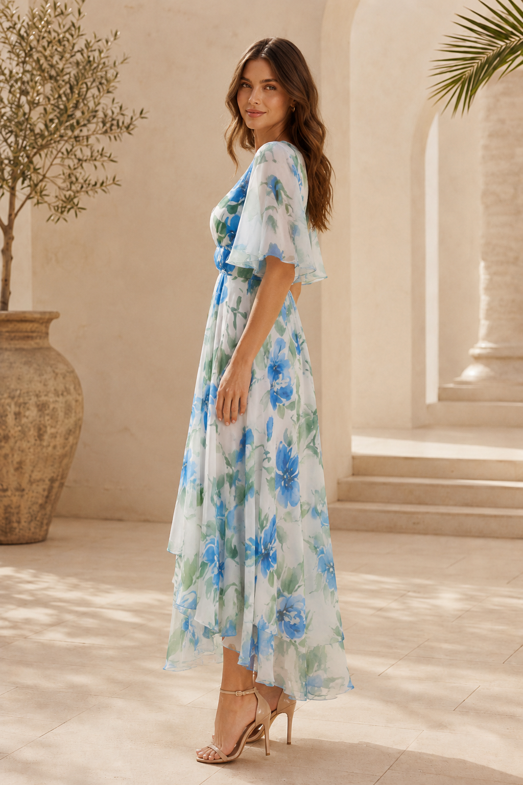 Blumen-Maxikleid mit hohen/tiefem Saum und flatternden Ärmeln
