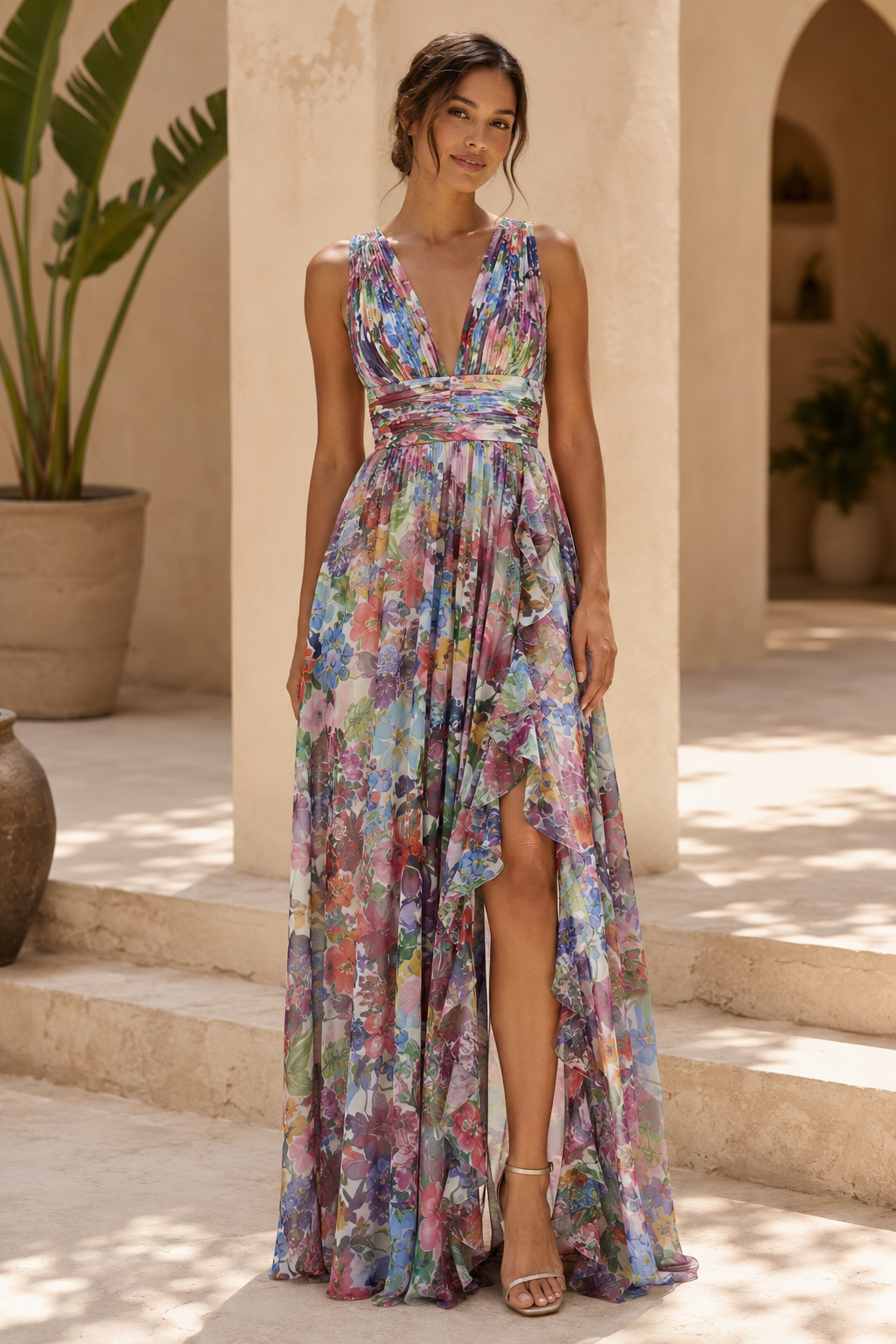 Geblümtes plissiertes Maxikleid mit Vokuhila-Saum