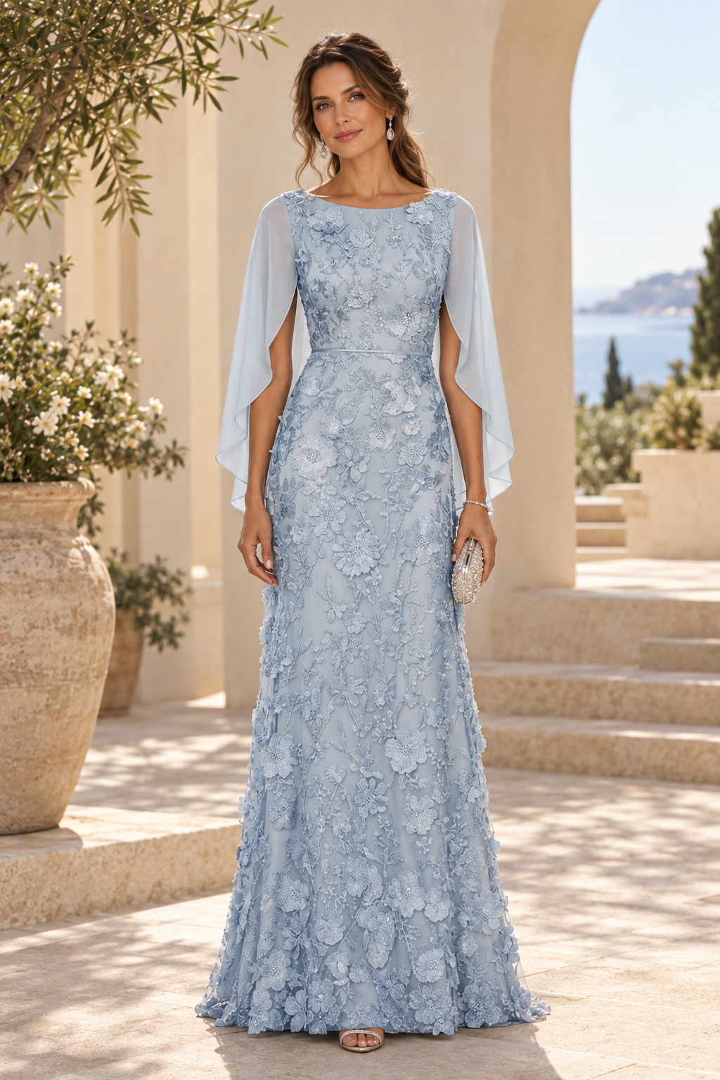 3D Floral Applique Gown with Draped Back Cape