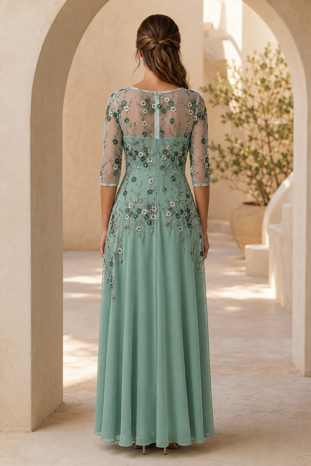 Besticktes geblümtes Illusion-Maxikleid in A-Linie