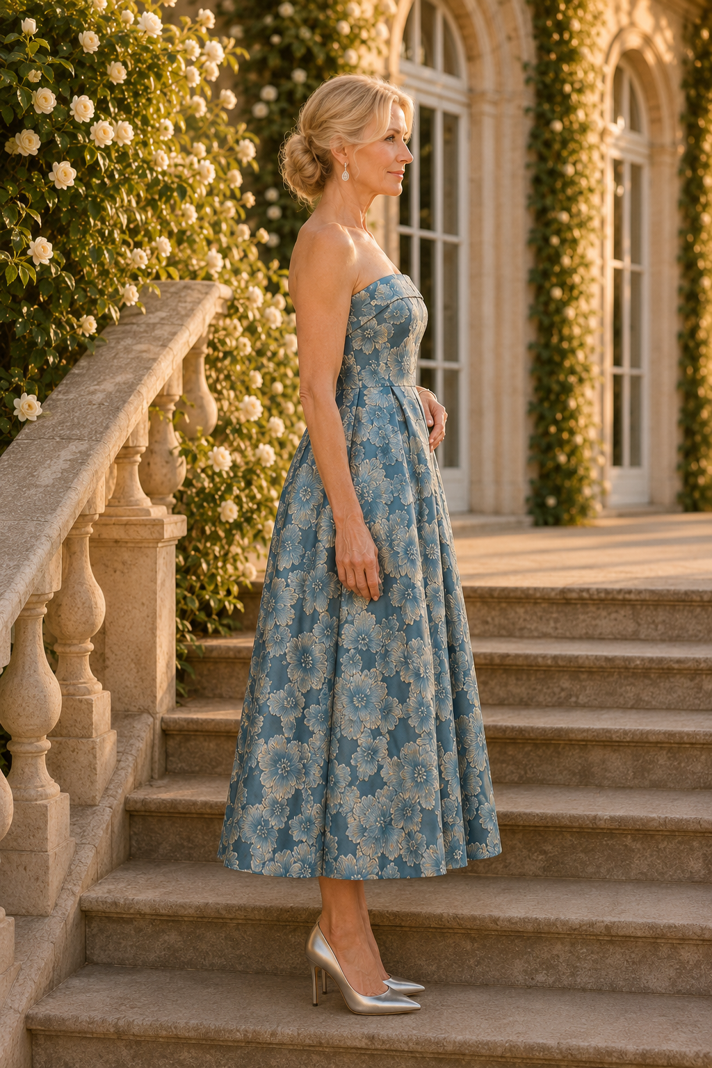 Trägerloses A-Linien-Kleid in Teelänge aus geblümtem Jacquard