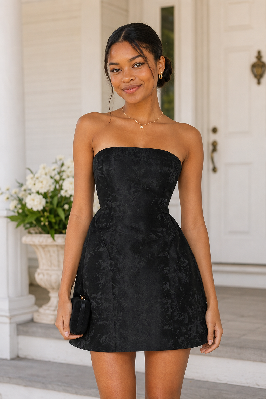 Trägerloses Jacquard-Minikleid mit Rückenschleife