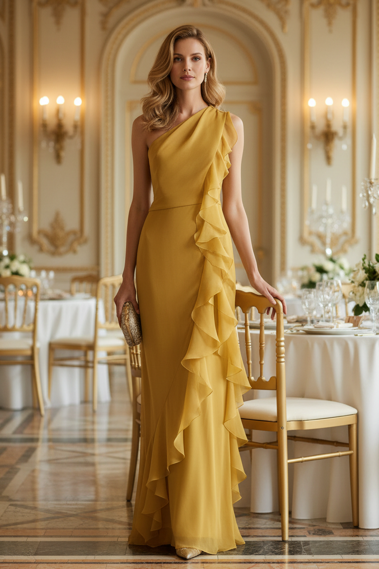 Abendkleid mit einem Schulterträger, Rüschen und Schlitz