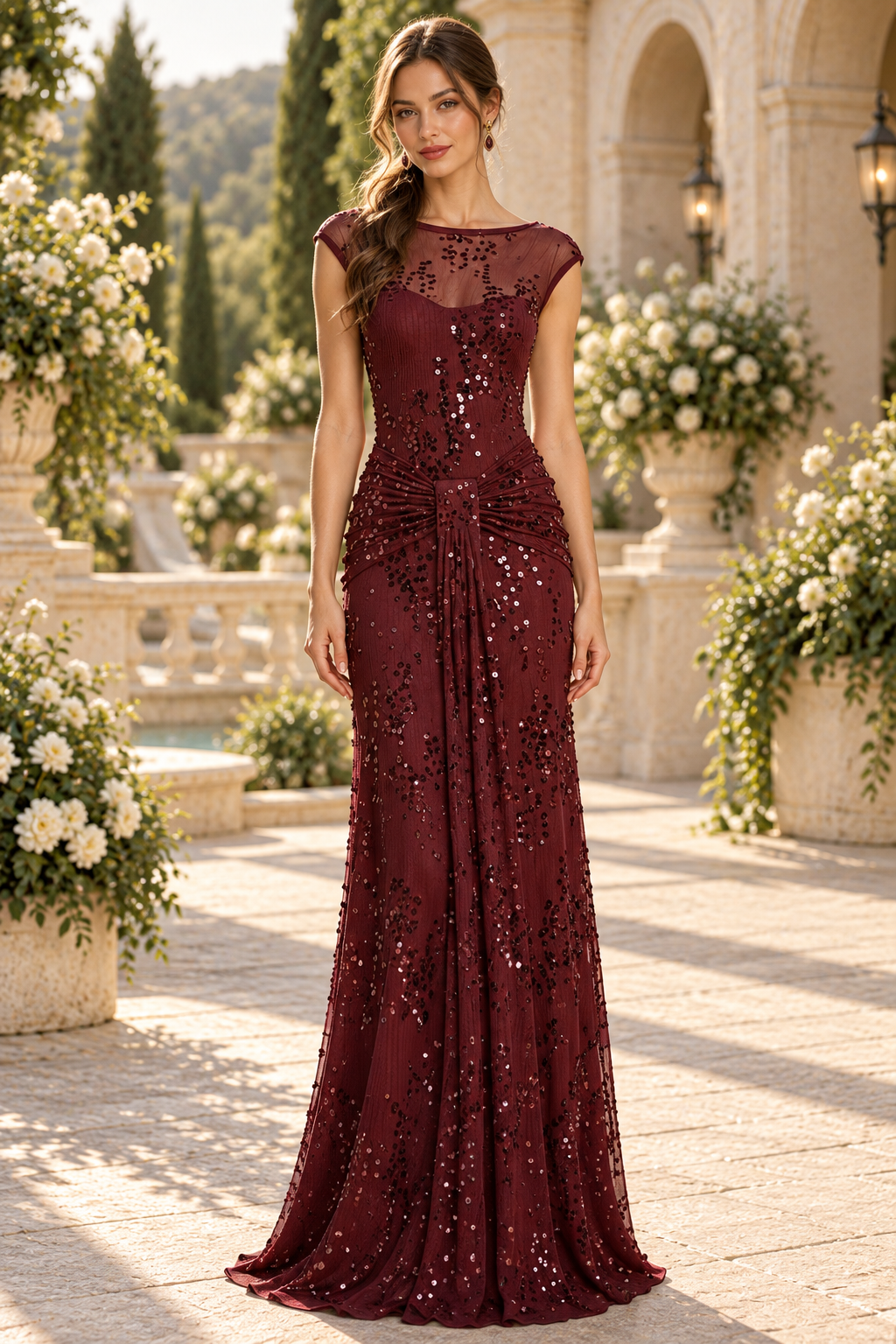 Sequined Illusion Cap Sleeve Column Gown