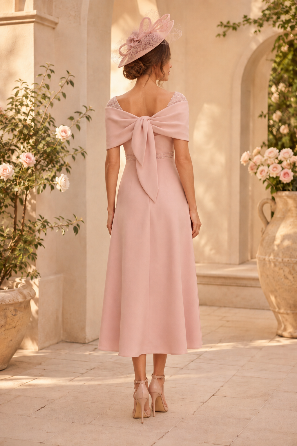 Off-Shoulder Midi-Kleid mit Schleifendetail am Rücken