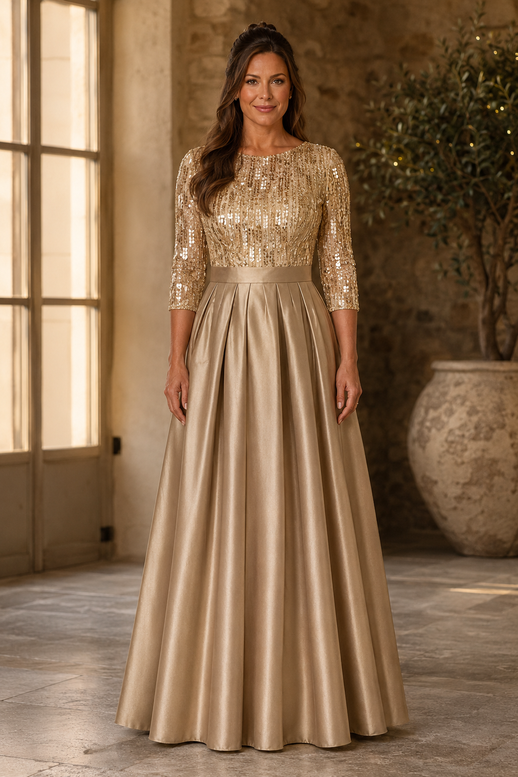 Plissiertes A-Linien-Kleid mit Pailletten-Oberteil und 3/4-Ärmeln