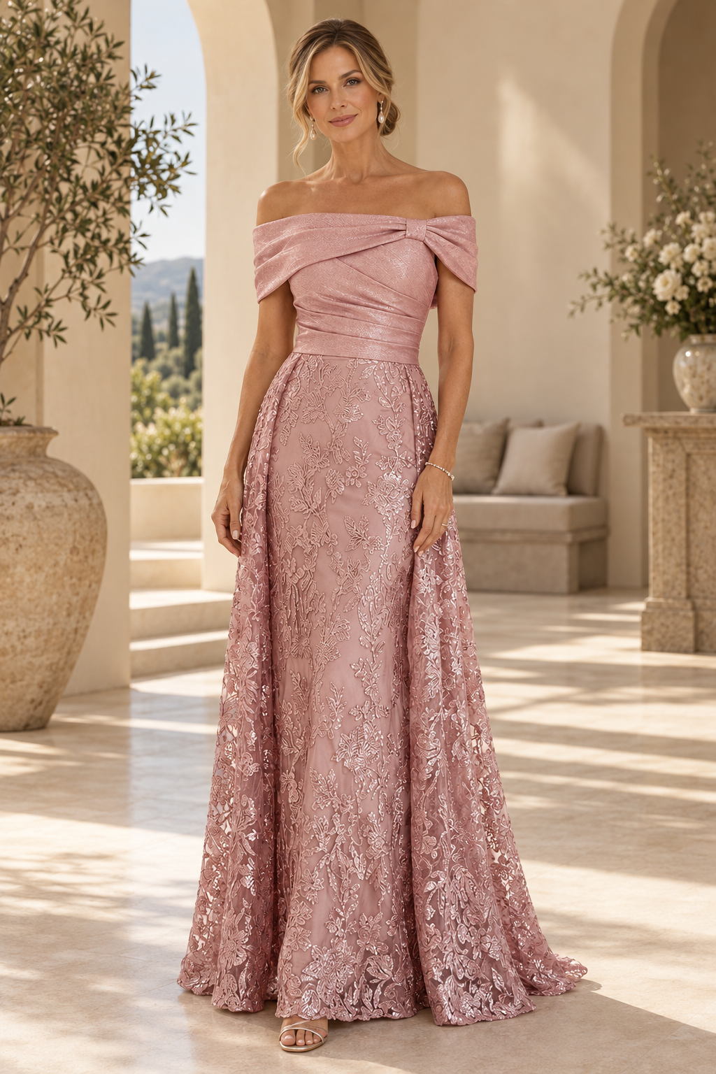 Off-the-Shoulder Floral Lace Evening Gown