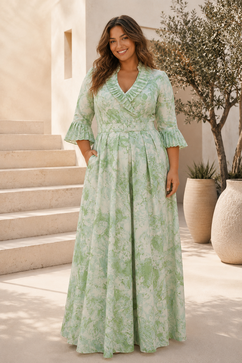 Plissiertes Rüschen Maxikleid in A-Linie mit Taschen