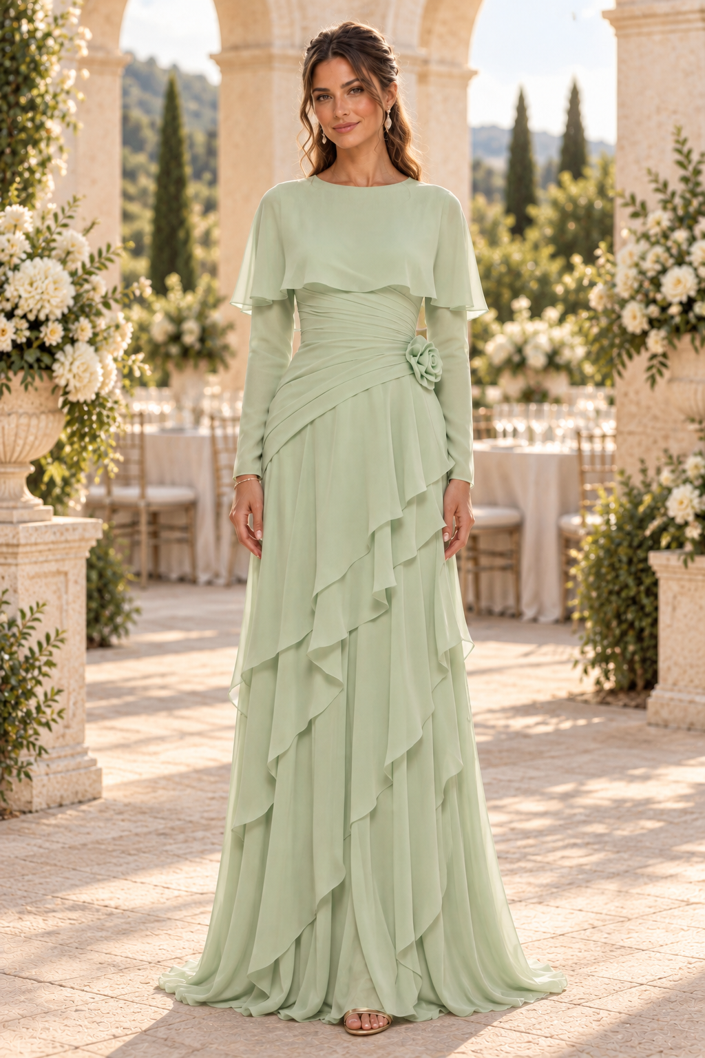 Tiered Maxi Dress with Capelet and Flower