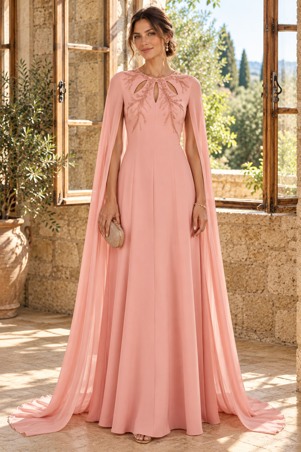 Beaded Cape Sleeve Floor-Length Evening Gown