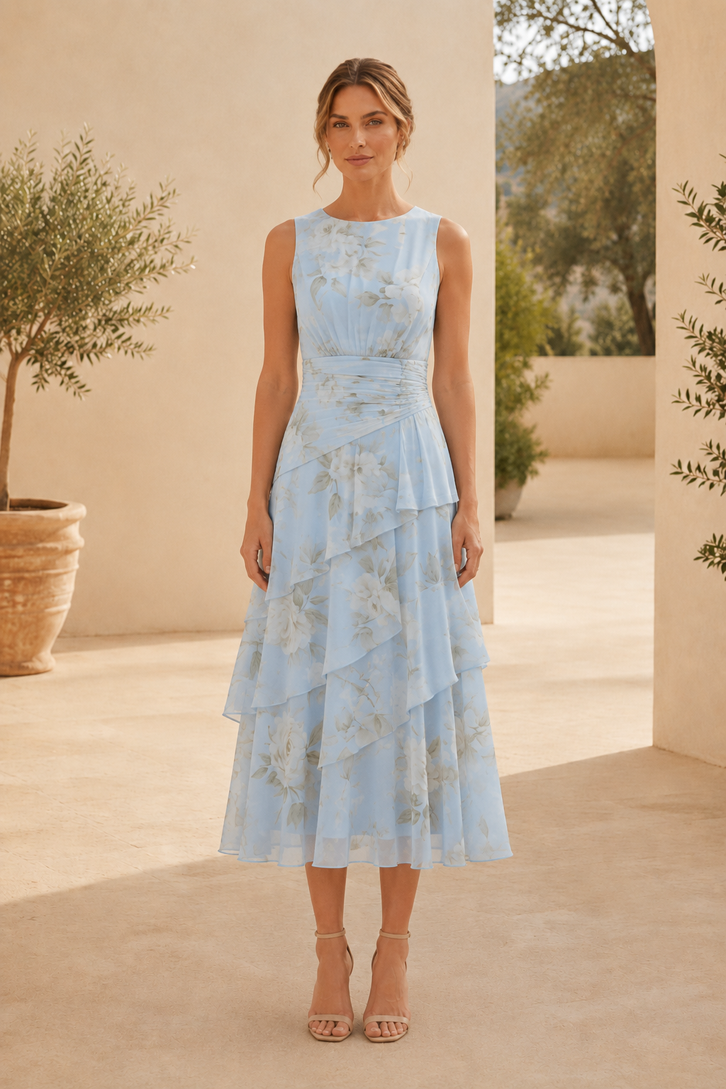 Geblümtes Stufen-Midikleid mit Dreiviertelarm-Jacke