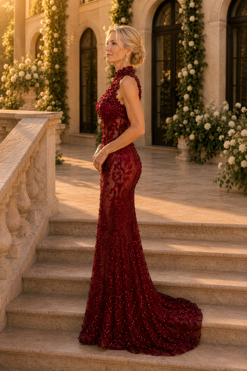 Abendkleid mit hohem Kragen und Meerjungfrauen-Silhouette aus Pailletenspitze