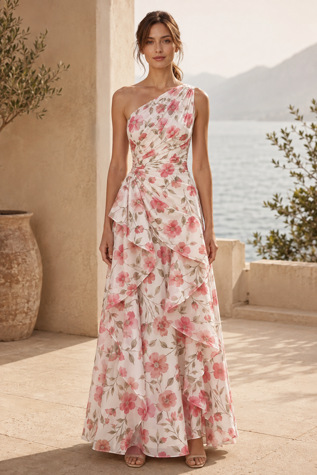 Maxikleid mit Blumenmuster, One-Shoulder und Wasserfall-Rüschen