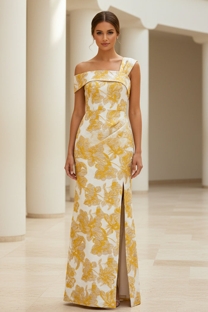 Blumiges Jacquard-Abendkleid mit One-Shoulder und Schlitz