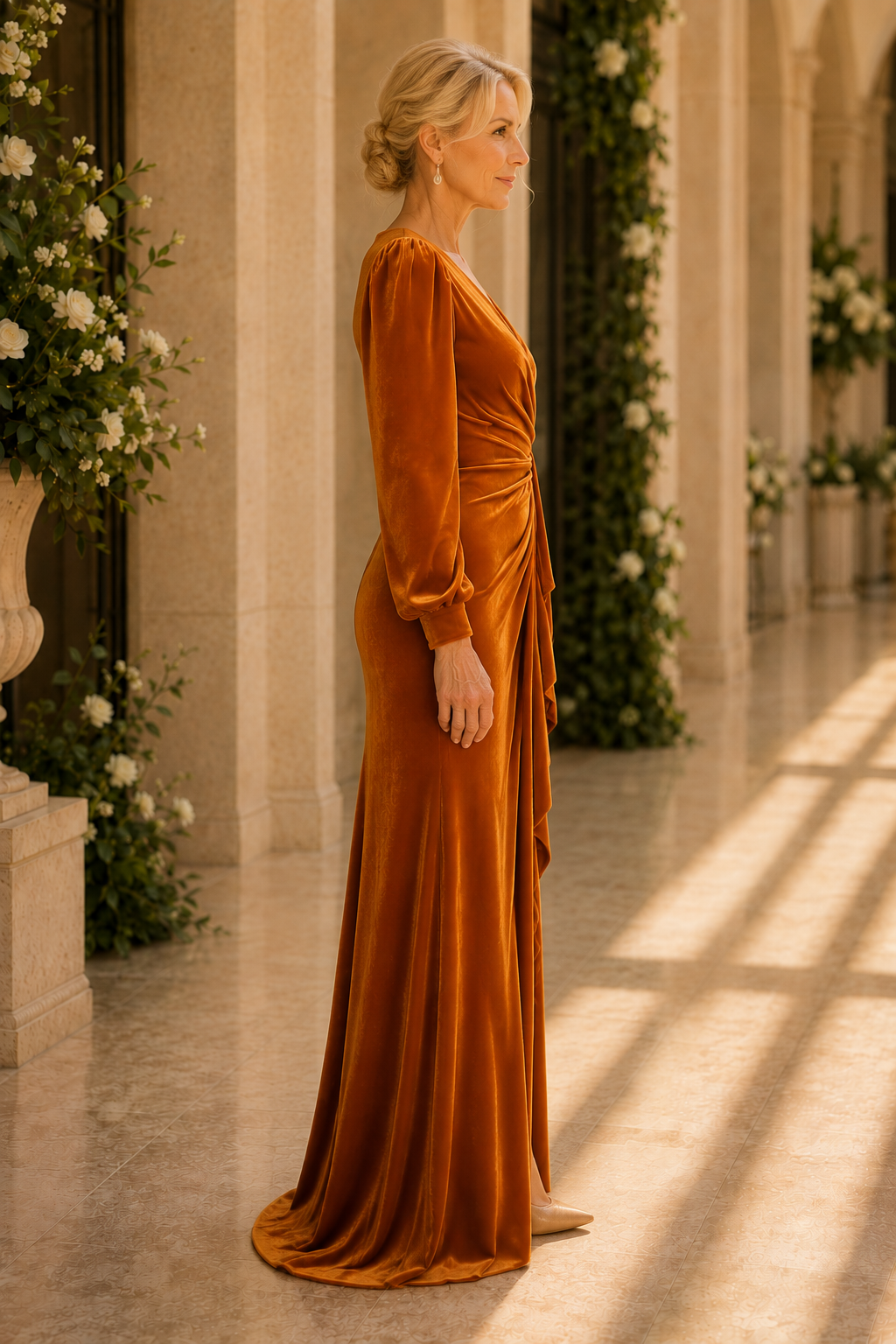 Samt-Wickelmaxikleid mit hochgeschlitzten Rüschen