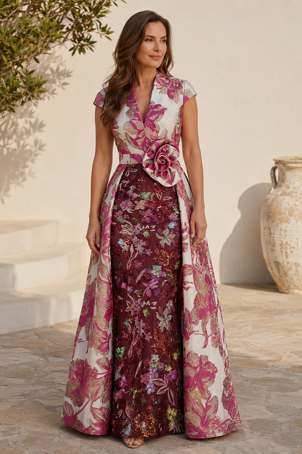 Geblümtes Jacquard-Kleid mit besticktem Etuikleid und Überrock
