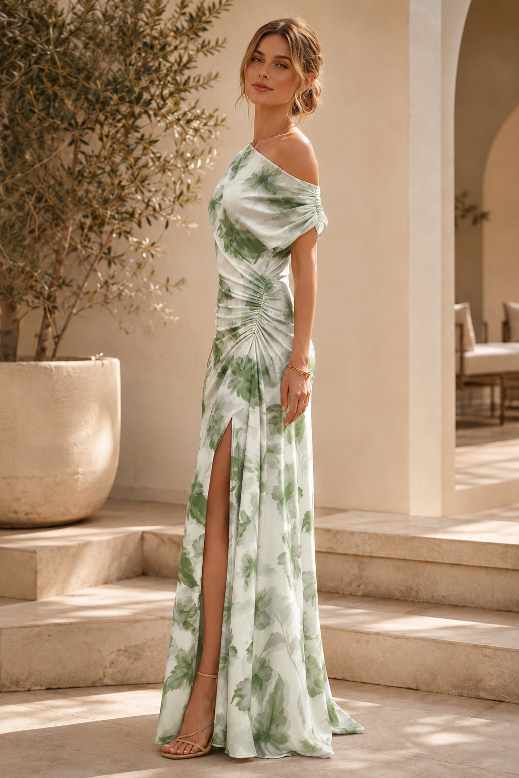 Asymmetrisches gerafftes Maxikleid mit Blumenmuster und Schlitz