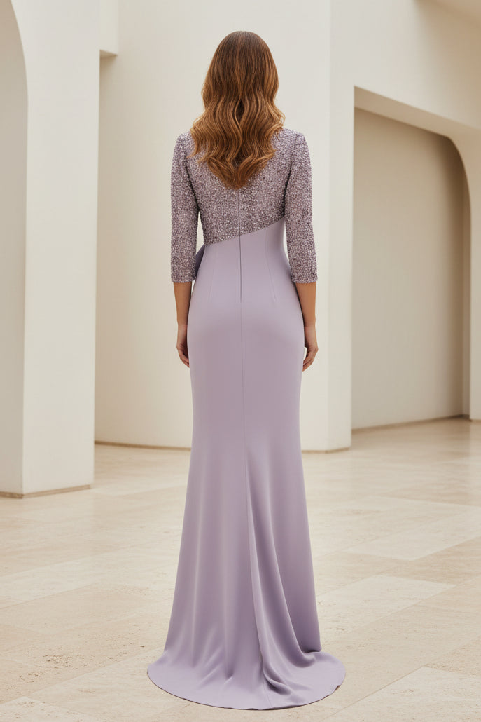 Paillettenbesetztes Abendkleid mit 3/4-Ärmeln und Schleife