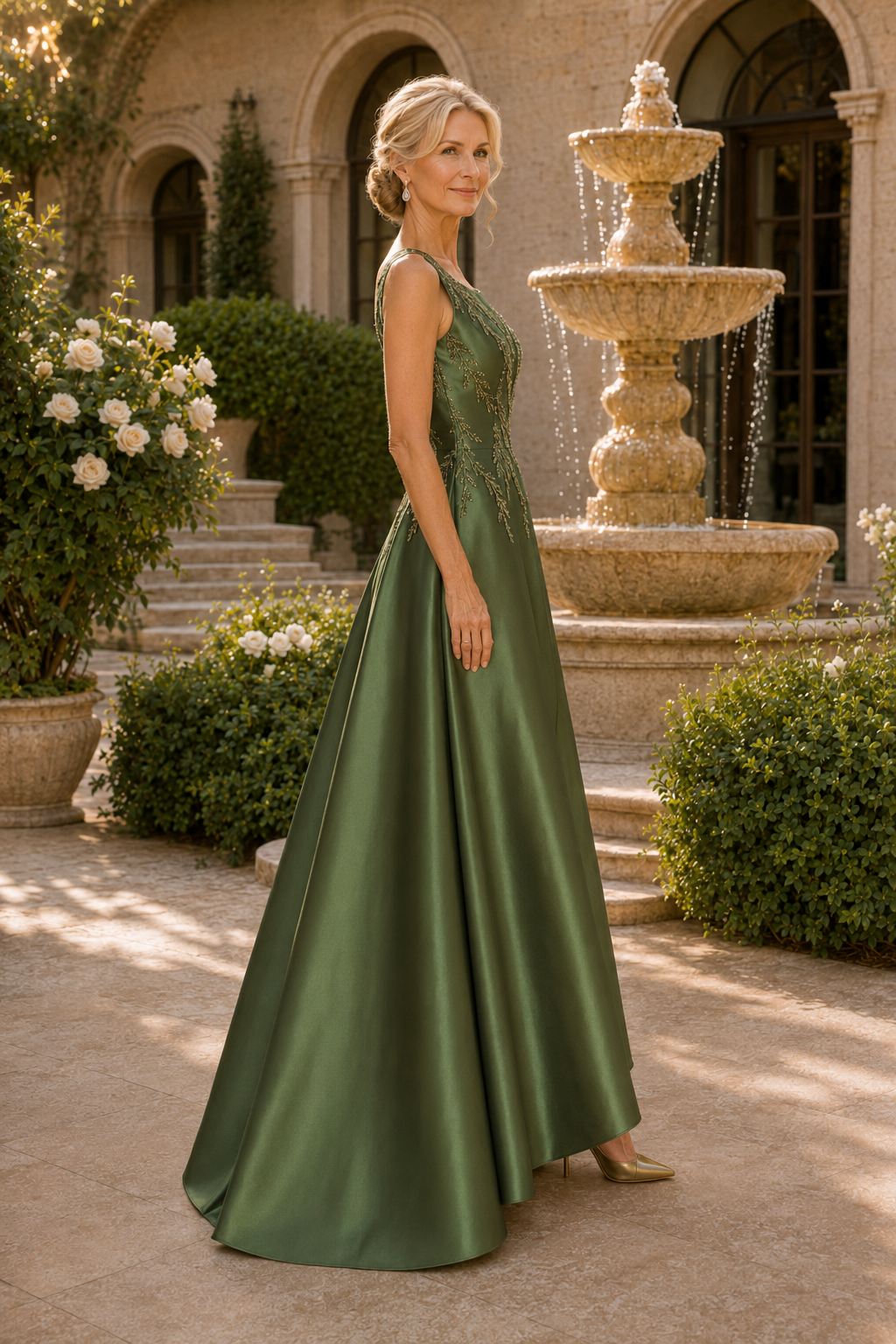 Ein-Schulter-Abendkleid aus Satin mit Perlenstickerei in A-Linie