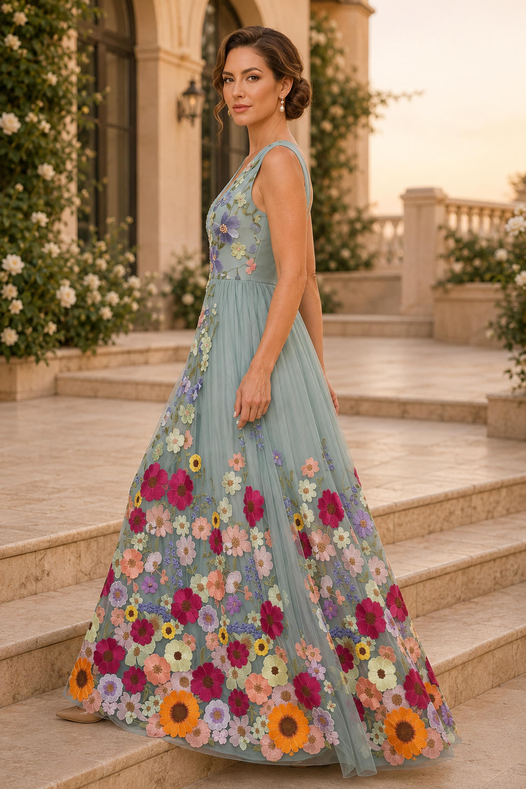 Abendkleid aus Tüll mit V-Ausschnitt und floraler 3D-Applikation